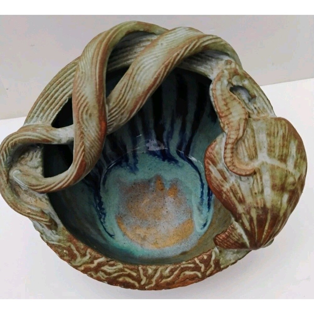 Vintage Studio Pottery 5.75" Nautical Seahorse Nautilus Shell Ocean Theme Bowl